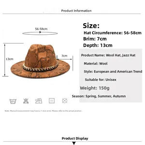 Elegante cappello fedora in lana con stampa serpente e catena, regolabile 56-58 cm