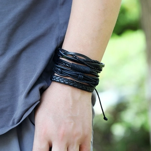 Retro multi-layer black leather bracelet set for men with braided and wrap details