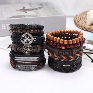 Retro multi-layer leather bracelet set with wooden beads and vintage alloy charms