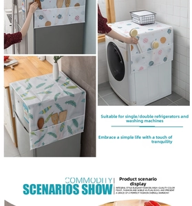 Waterproof refrigerator dust cover with side pockets and Nordic patterns shown on appliances