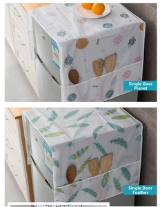 Detail of waterproof PEVA refrigerator cover with side pockets and cosmic patterns