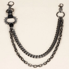 Close-up of gunmetal double-layered punk hip-hop trousers chain with spiked metal ring