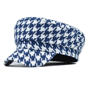 Casquette plate en coton pied-de-poule bleu marine et blanc pour femmes au style rétro anglais