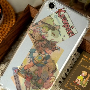 Retro Kewpie illustration clear TPU phone case for iPhone on vintage book background