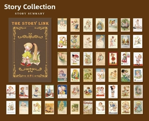Detailed grid showing vintage floral paper scraps and retro storybook illustration cards