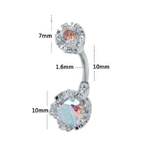Detailed view of silver belly ring with 7mm and 10mm round sparkling zircon stones