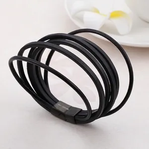 Men's multilayer black braided leather bracelet with stainless steel magnetic clasp
