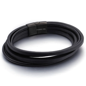 Multi-layer black braided leather bracelet for men with stainless steel magnetic clasp