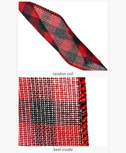 Macro detail of red buffalo plaid ribbon showing internal keel for custom shaping