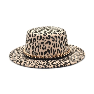 Classic leopard print flat top wool fedora hat with elegant gold chain decoration