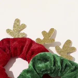 Christmas velvet scrunchies set with golden reindeer antlers in festive red and green