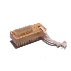 Double-sided bamboo nail cleaning brush with natural bristles and cotton hanging loop