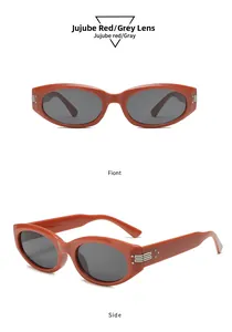 Front- und Seitenansicht der Retro-Katzenaugen-Sonnenbrille mit weinrotem Rahmen und Grauglas