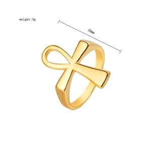 Detailed view of golden Ankh cross ring showing 18mm symbol size and 4g weight specs