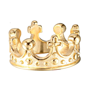 Detailed close-up of a polished gold crown ring made of high-quality stainless steel