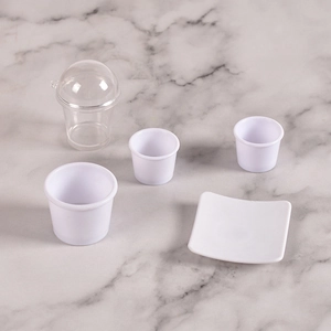 Miniature white plastic food play containers and clear lidded cup for dollhouse DIY