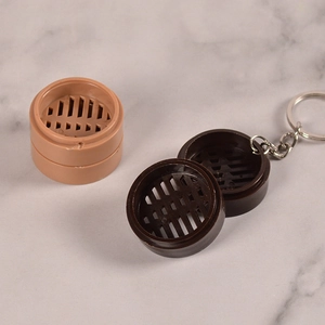Miniature bamboo steamer keychains in light and dark brown for DIY dollhouse crafts