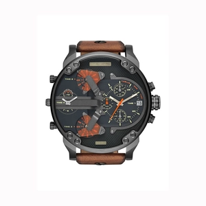 Macro detail of multi-timezone dial with orange accents and dark grey metal case