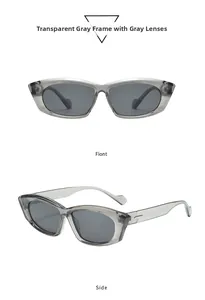 Front and side views of trendy cat-eye sunglasses with transparent grey frames and grey lenses