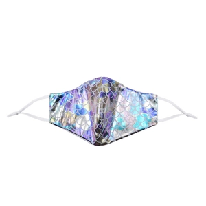 Detail of laser holographic face mask with fish scale texture and adjustable ear loops