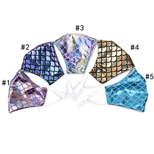 Five assorted mermaid scale holographic fashion face masks with adjustable ear loops