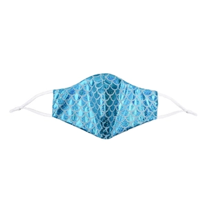 Detail of blue fish scale laser reflective fabric face mask with adjustable ear loops
