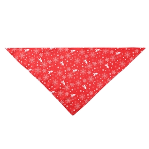 Detail of red Christmas pet bandana featuring white snowflake and bell print fabric