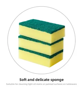 Close-up of triple-layered scrubbing sponge stack with green scouring pad and yellow sponge