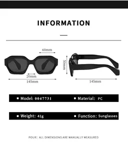 Detailed size chart for square sunglasses showing lens, frame, and temple measurements