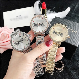 Detailed shot of steel strap watches with pearl dial and horse carriage logo