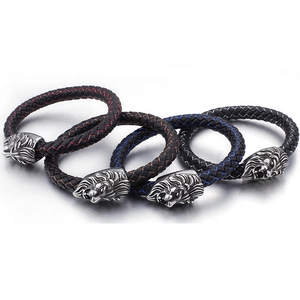 Men's leather lion head bracelets with colorful stitching in four distinct colors