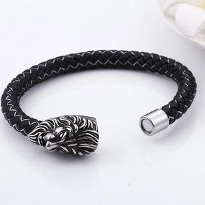 Men's braided black leather bracelet with silver lion head charm and magnetic clasp