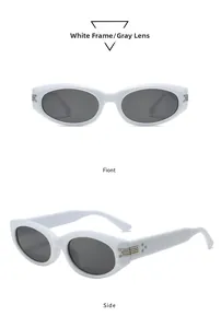 Detailansicht der ovalen weißen Sonnenbrille mit grauen Gläsern und Metallakzenten
