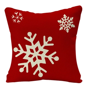 Housse de coussin de Noël en lin rouge avec motifs flocons de neige blancs