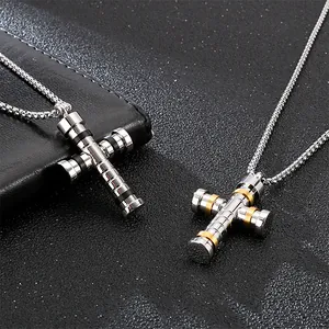 Colliers avec pendentif en croix minimaliste en acier inoxydable pour hommes, noir et or