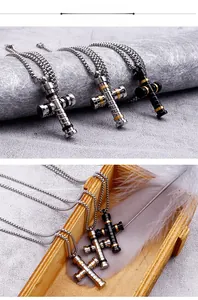 Collier croix industrielle en acier inoxydable avec chaîne à perles carrées en métal