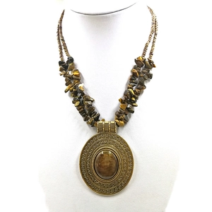 Vintage bohemian necklace with turquoise stone pendant and multi-strand beaded chain