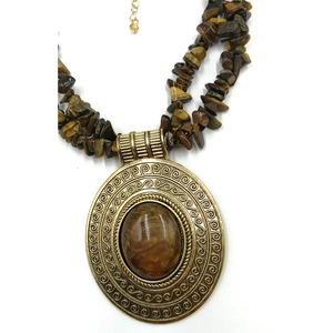 Retro bronze necklace with oval tiger eye pendant and natural stone beaded chain