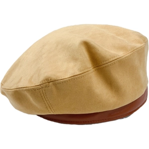Chic camel faux suede beret hat with dark brown leather rim for autumn and winter fashion