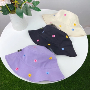 Women Cotton Bucket Hat Floral Embroidery Summer Sun Protection Outdoor Beach Casual Sunshade Headwear