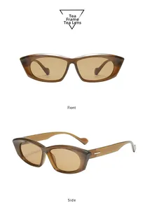 Detailed front and side views of tea-colored cat eye sunglasses with translucent frames
