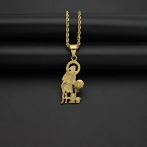 Saint Christopher pendant necklace in gold finish on a twisted chain and black background