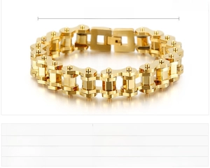 Detailed specs of gold stainless steel biker chain bracelet with dimensions 225x12mm