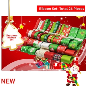 Detail of 26-piece Christmas ribbon set with snowflakes and Merry Christmas prints