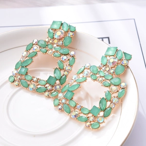Elegant geometric square crystal studs with mint green stones and gold finish