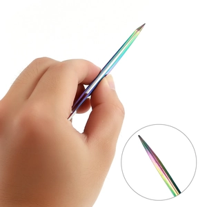 Rainbow stainless steel eyelash extension tweezers with precision tip on white background