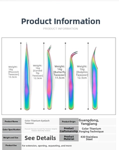 Specifications of titanium-coated stainless steel eyelash tweezers showing size and weight