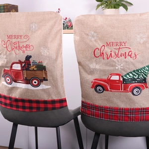 Christmas Chair Back Covers Linen Red Truck Snowflake Print Dining Room Decorative Buffalo Plaid Trim Merry Christmas