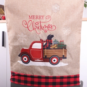 Linen Christmas chair cover with red truck and dog print for holiday dining decoration
