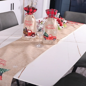 Christmas burlap table runner and wine bottle covers with red truck and tree prints
